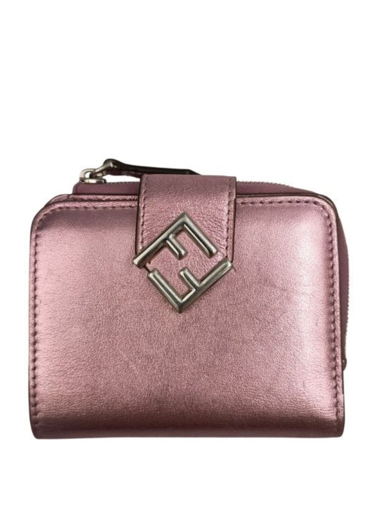 Fendi Bifold Wallet Ff Diamond Metallic Pink Leather Silver